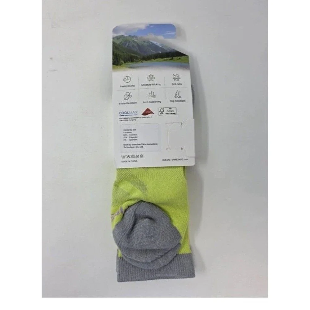 New! SpireSnug Crew Targeted Cushion Coolmax Hiking Socks Neon Yellow Gray Large